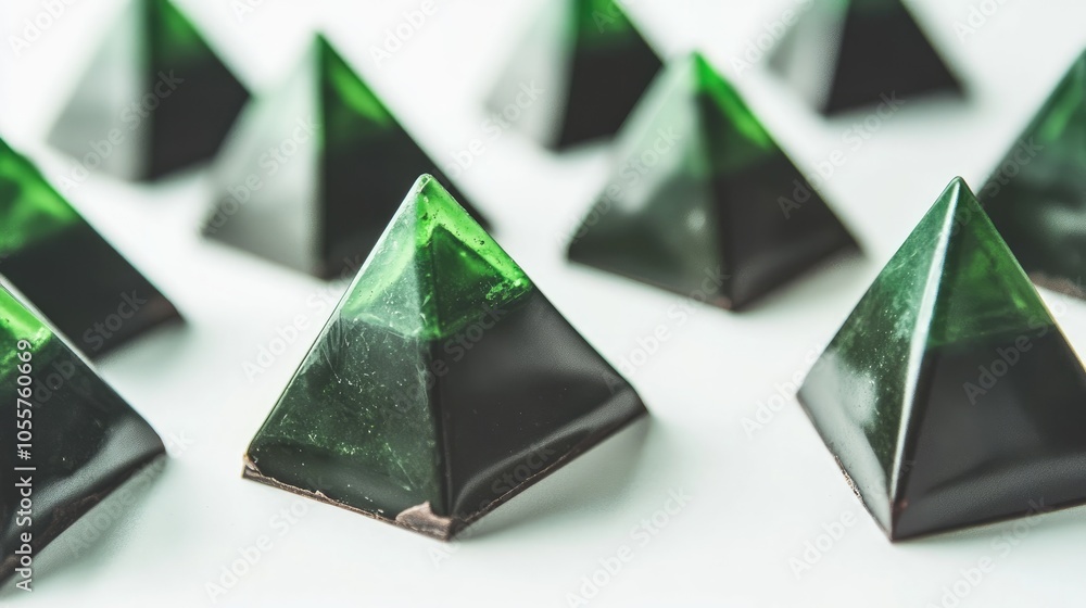 Poster luxury pyramid shaped chocolate candies featuring a geometric triangular design in green handmade co