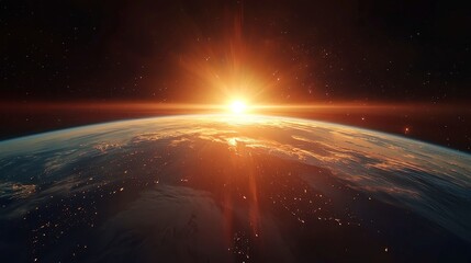 Obraz premium Vibrant Dawn Illuminating Urban Landscapes, A breathtaking view of the Earth at sunrise, showcasing cities aglow with night lights and the transition to daylight.