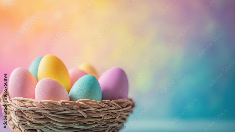 Aufkleber vibrant easter eggs in a woven basket set against a colorful backdrop soft pastel shades of easter e