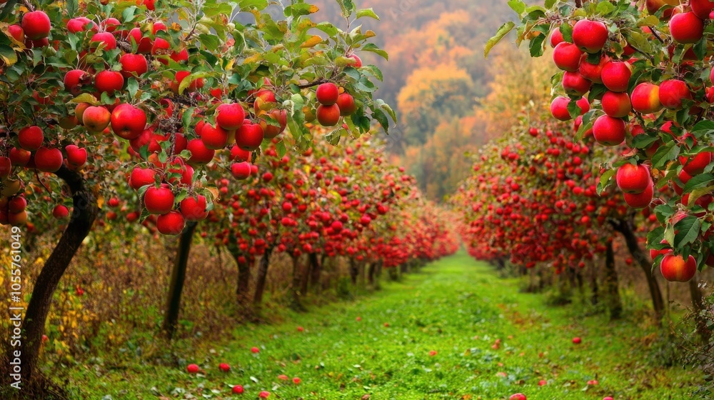 Aufkleber abundant apple trees laden with ripe red fruit in a tranquil orchard setting