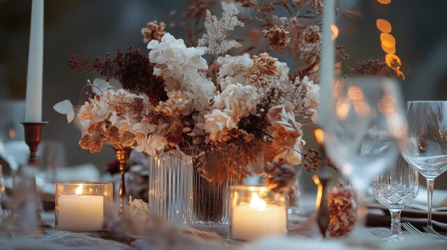 Sophisticated table arrangement featuring dried flowers and gentle candlelight ideal for weddings or memorable events