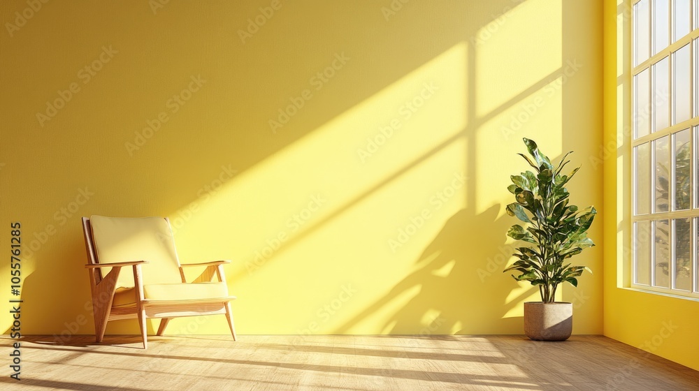 Poster interior of a room featuring a simple light yellow color scheme showcasing modern design elements an