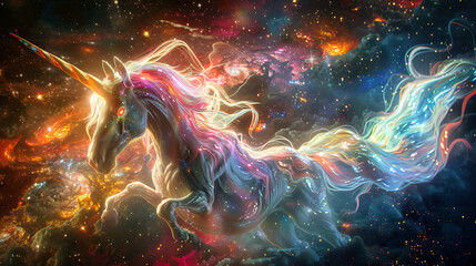 A beautiful magical unicorn with colorful long mane in space