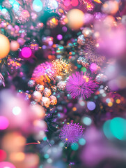 A vibrant, abstract composition of colorful lights and floral elements.