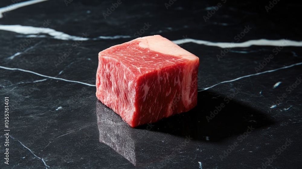 Poster perfect cube of wagyu beef resting on a black marbled surface accompanied by creative shadows