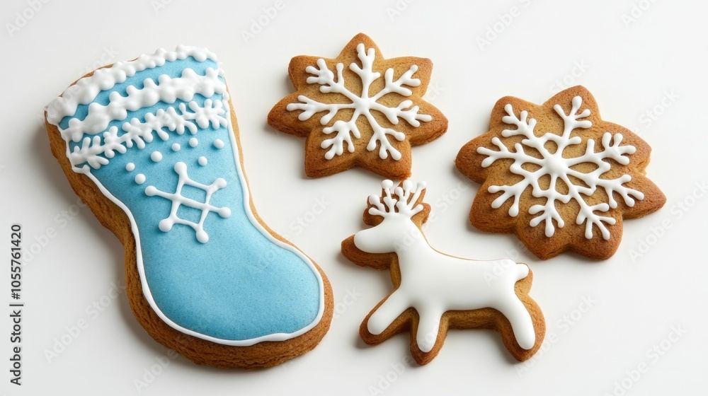 Poster gingerbread cookies shaped like a blue mitten snowflake and a white reindeer displayed on a white ba