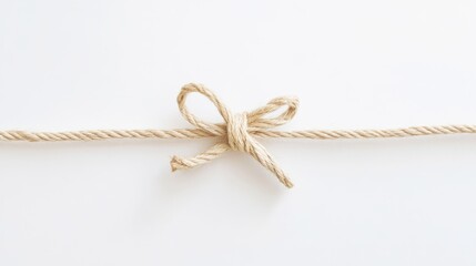 Close up of twine or string knotted in a bow against a clean white background