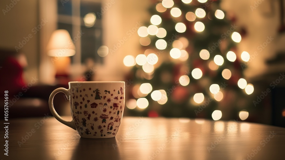 Poster Cozy Christmas setting featuring a mug on a table with a blurred background enhanced by warm ambient lighting from a festive tree