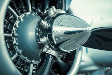 Fototapeta premium Chrome spinner of a parked aircraft reflecting the airport in the polished surface