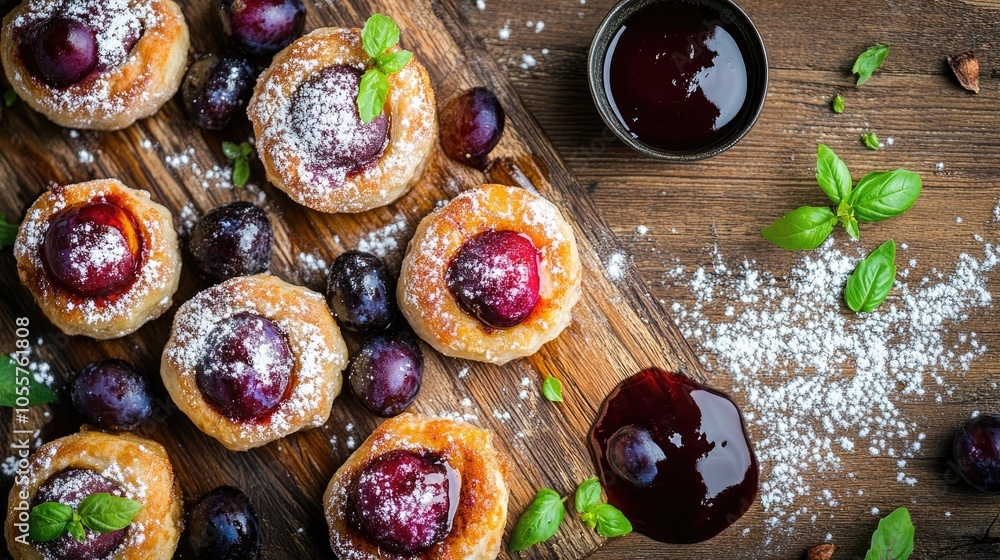 Poster plum dumplings served with plums and plum sauce on a rustic wooden surface