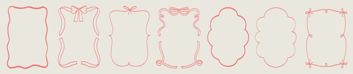 Vintage retro frames for greeting cards, wedding and birthday party, picnic invitations in cute elegant coquette style. Hand drawn bows ribbons border illustration for social media decoration template