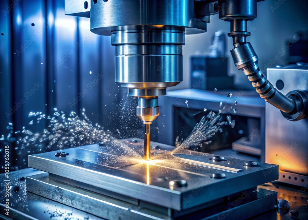 Poster close-up of cnc milling machine in low light cutting injection mold parts with solid endmill tools