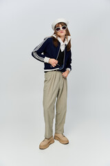 Dressed in trendy attire, the young man poses confidently against a simple backdrop, exuding style.