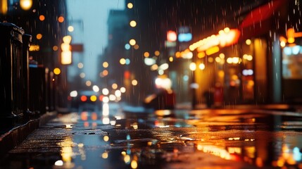 Obraz premium Low angle perspective of a rain soaked urban street at night enhanced by the warm illumination of lights and shop fronts producing a bokeh effect