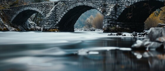 An ancient stone bridge stands over a river with flowing water, embraced by the warmth of a golden autumn landscape.