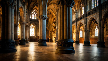 Fototapeta premium Inside of an ancient gothic cathedral with wooden floor and carved stone columns