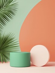 Fototapeta premium Circular shapes, green and pink color palette, tropical leaves, modern interior decor