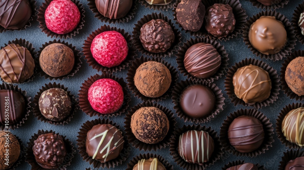 Poster top view of chocolate truffles on a background delicious cocoa confections