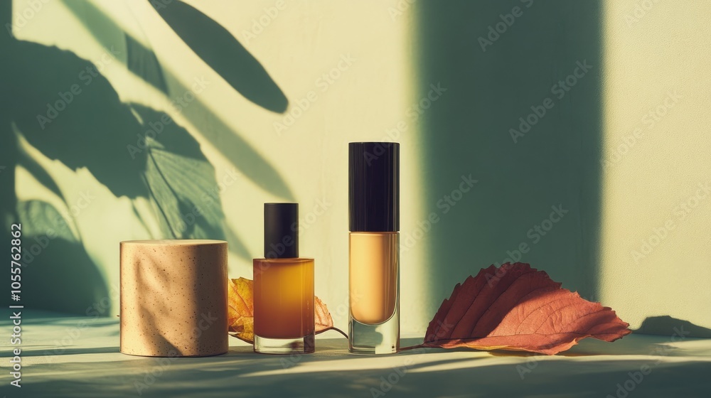 Poster a vibrant display of four beauty products is artistically arranged alongside a leaf creating delicat