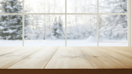 Snowy winter forest out of window background on empty wooden table top for product display montage