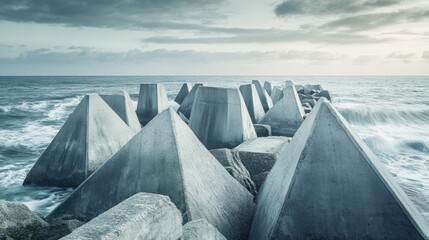 Concrete breakwaters in a seascape featuring tetrapods designed to safeguard coastal structures from the destructive force of storm waves