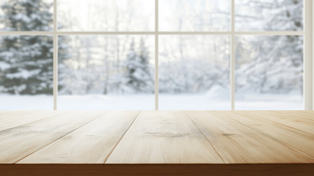 Fototapeta Snowy winter forest out of window background on empty wooden table top for product display montage