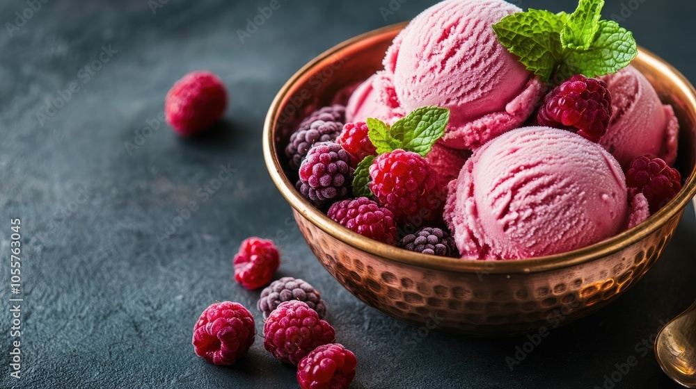Aufkleber raspberry ice cream scoops in a copper bowl adorned with forest berries and mint a summer food theme