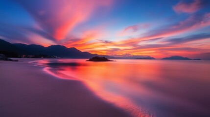 Vibrant sunset reflecting on calm waters at a beach surrounded by mountains in tranquil coastal landscape