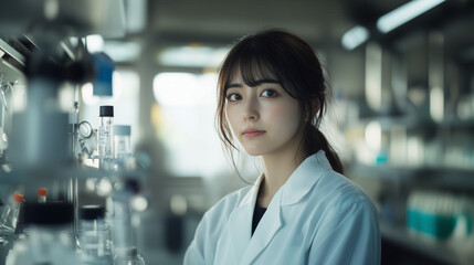 白衣を着た若い女性(研究者・医師・薬剤師・研修医のイメージ)