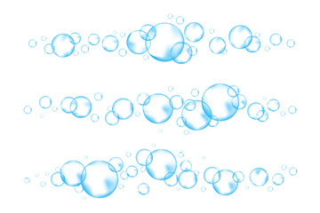 Soap bubbles. Vector foam drops on white background. Water blue suds. Liquid sea sparkles. Fizzy air under water effect.