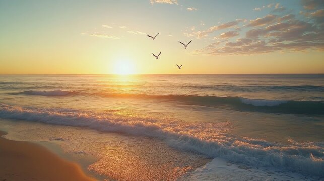 Aerial view of a serene beach at sunrise featuring soft waves and seagulls in the sky