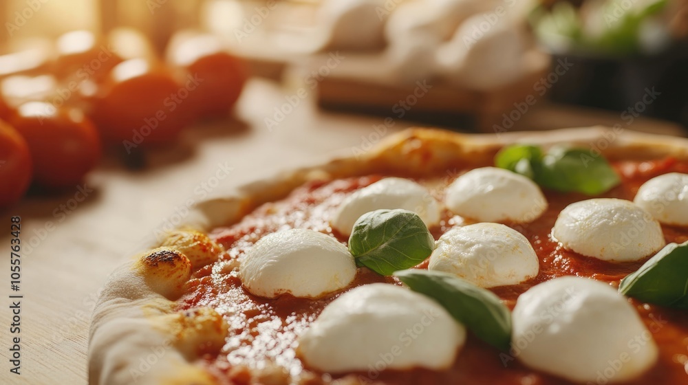 Aufkleber close up of a whole pizza with fresh mozzarella cheese blurred ingredients on the dough in the backg