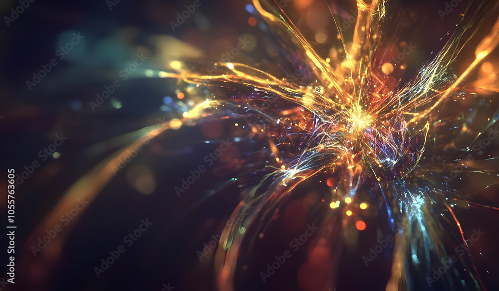 Poster abstract explosion of colorful light and energy, representing dynamic movement and creativity.