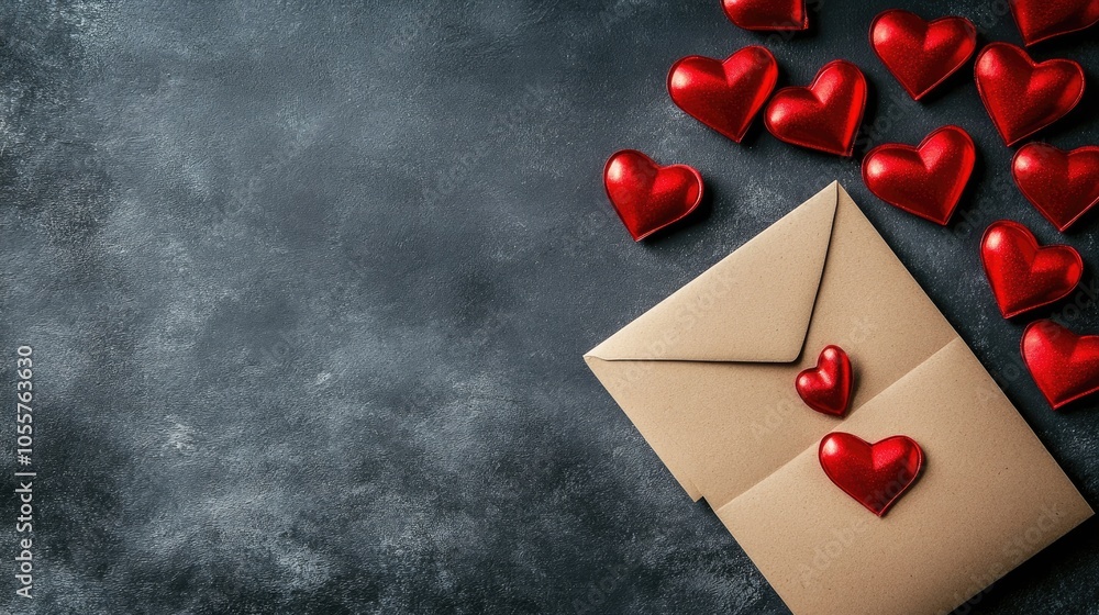 Poster valentine s day backdrop featuring an envelope a paper card and an assortment of red hearts perfect 