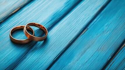 Elegant wedding invitation featuring rose gold rings against a blue wooden backdrop offering ample space for text