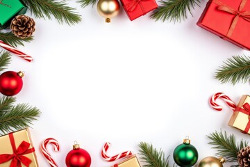 Christmas border design with festive ornaments and pine branches for holiday greeting cards