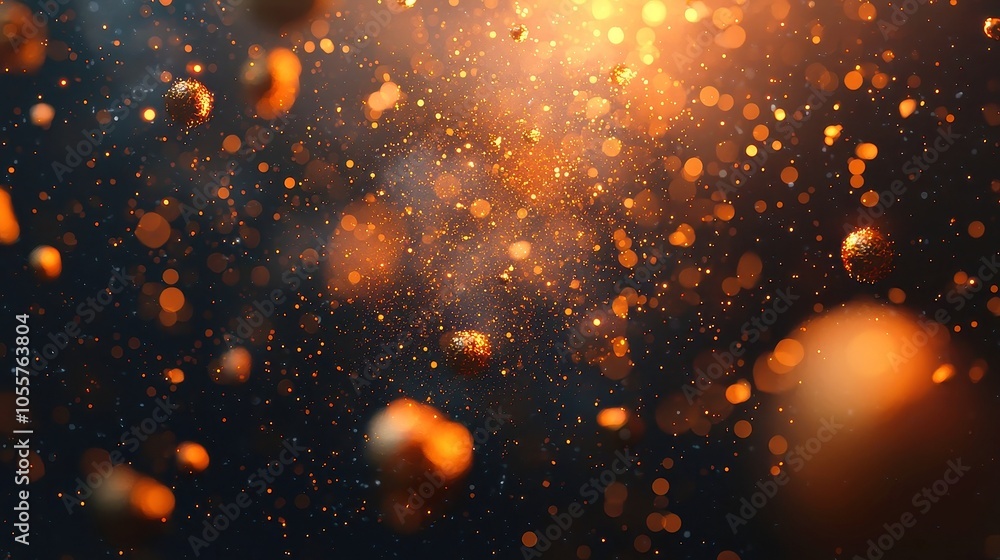 Poster warm bokeh backdrop with luminous orange and yellow hues, gently floating light particles create an 