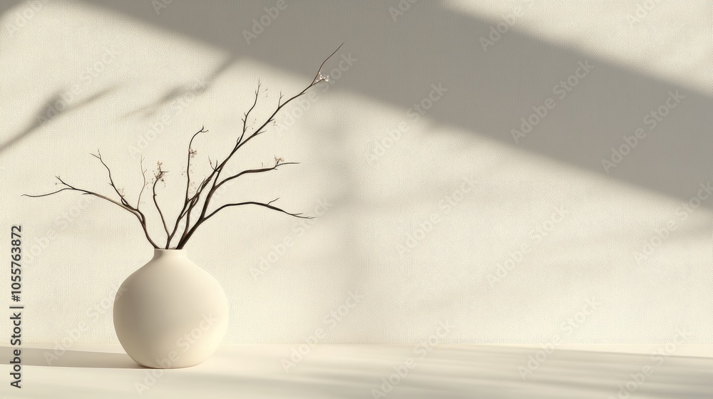 Poster A minimalist design features a vase with delicate branches creating subtle shadows on a softly hued backdrop