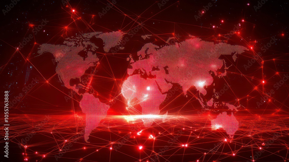 Fototapete a digital world map with interconnected nodes representing global networks.