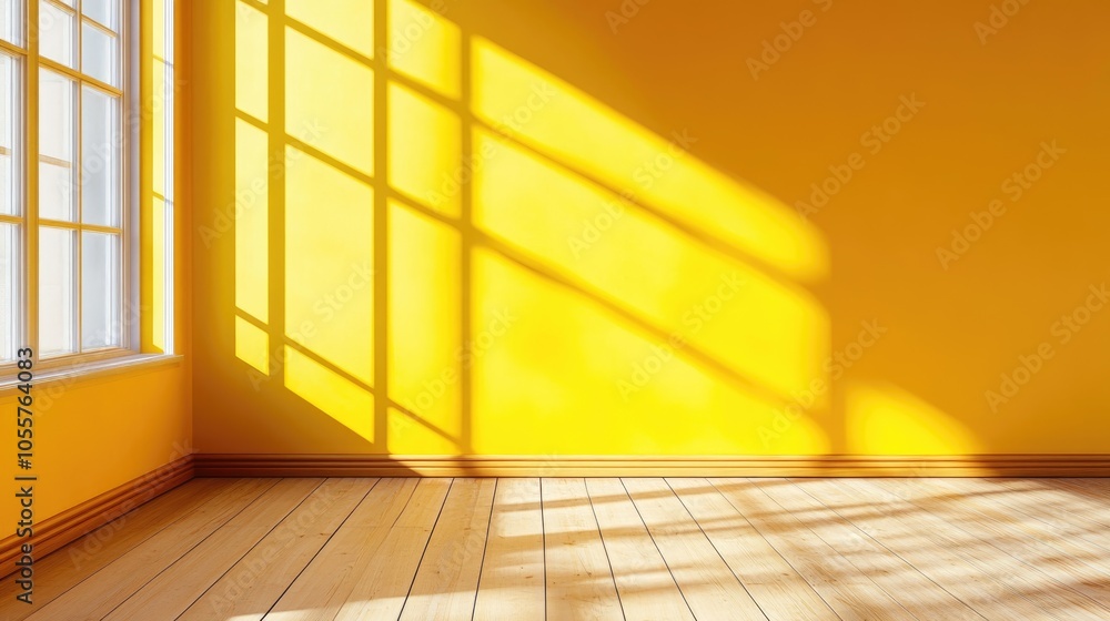 Aufkleber Bright yellow empty space featuring a wooden floor a window and a wall ideal for use as a blank backdrop or wallpaper