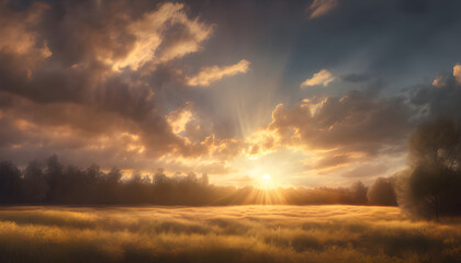 Fototapeta premium Sunlight streaming through clouds in the evening is perfect for creating a calm and realistic atmosphere.