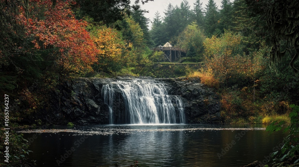 Aufkleber A waterfall is nestled among trees with a structure visible in the background