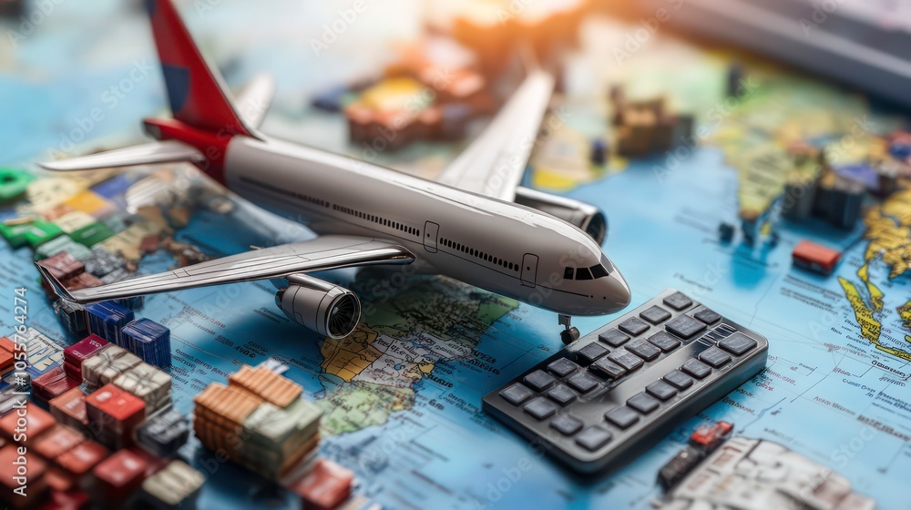 Poster A model airplane rests on a map beside a keyboard, symbolizing travel and logistics.
