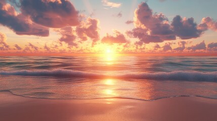 Sunset over the ocean with reflections on a sandy beach