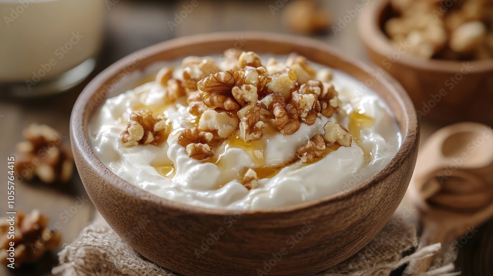Poster greek yogurt topped with honey and walnuts in a bowl nutritious breakfast option