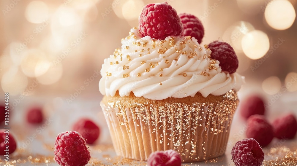 Poster close up of a cupcake topped with cream adorned with gold glitter and fresh raspberries set against 