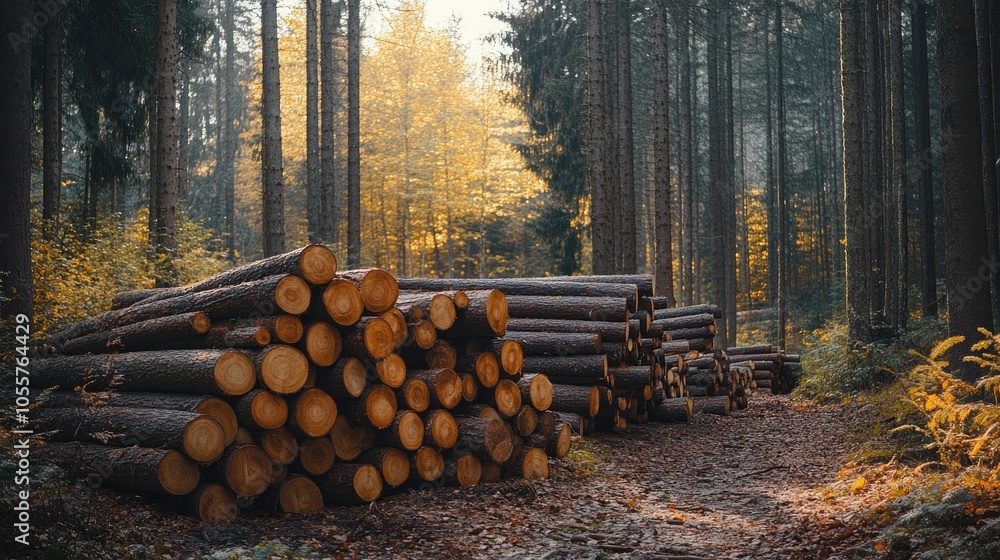 Poster Pine and spruce trees in a forest with stacked log trunks highlighting the timber industry A panoramic view of wooden trunks in a natural setting