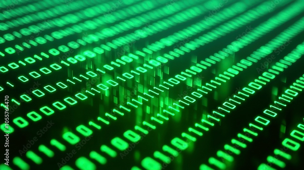 Poster green binary code cascading across a dark void, illuminating the surrounding space with a digital gl