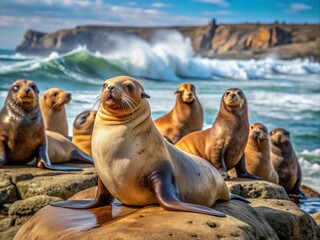 Fototapeta premium Close-Up of Sea Lions at Cape Arago - Macro Photography of Wildlife in Oregon Coastline