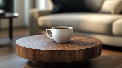 Wooden espresso coffee table featuring a white cup filled with a warm beverage